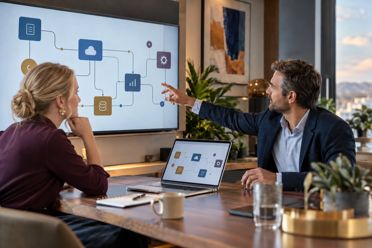 Professionals bespreken gekoppelde bedrijfssystemen