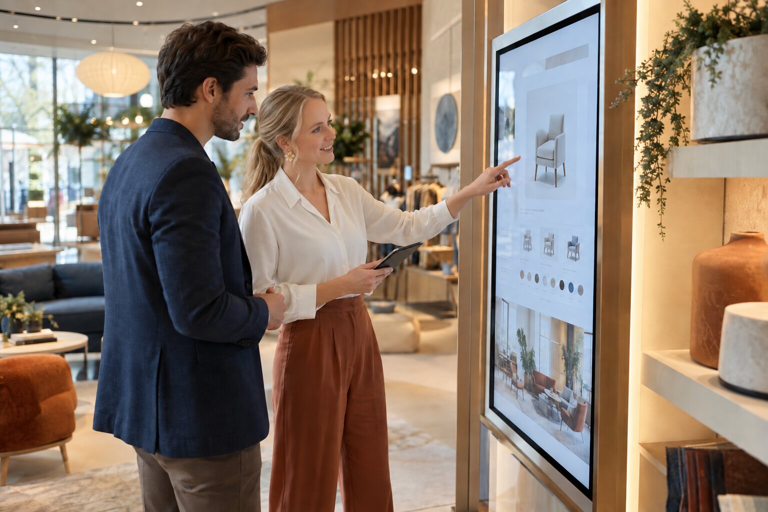 Adviseur en klant gebruiken een interactief scherm in een showroom
